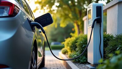 Voiture hybride en allée avec chargeur maison pratique