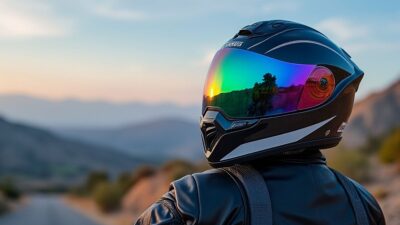 Visor iridium sur un casque de moto devant un paysage pittoresque