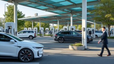 Panorama d'une station de recharge pour voitures électriques pleine d'activité