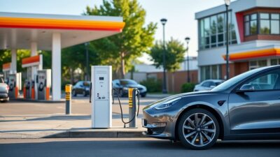 Comparaison d'une station essence avec un hub de recharge électrique dans une zone fréquentée