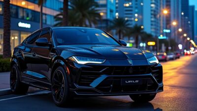 Voiture de luxe Urus Mansory illuminée par les reflets des lumières citadines la nuit