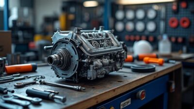 Image montrant l'inspection attentive d'une pièce de moteur dans un atelier.