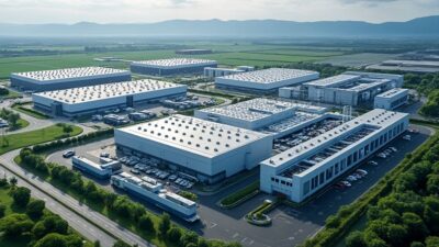 Vue aérienne de l'usine Toyota soulignant la transformation vers des innovations hybrides dans le secteur automobile.