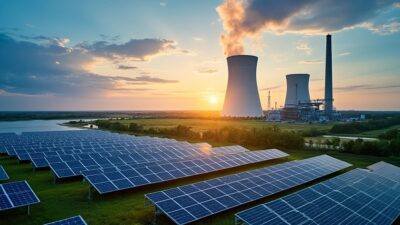 Image aérienne de panneaux solaires opposés à des turbines à gaz montrant changement focus énergétique.