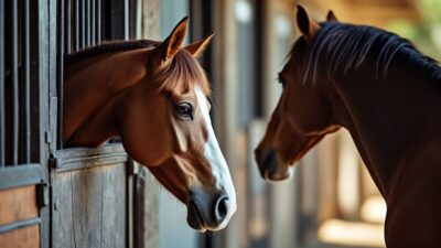 Photo de chevaux dans une écurie, mettant en valeur l'importance des soins et de la protection.