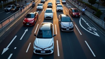 Vue du ciel de Tokyo avec embouteillages et voitures Toyota au milieu de la circulation