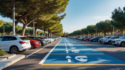 Photographie de l'aire de covoiturage à Nîmes avec des places de stationnement bien ordonnées.