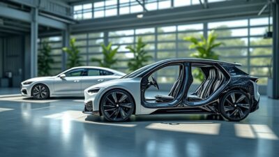 Illustration des éléments d'une voiture électrique axée sur la durabilité et l'innovation technologique.