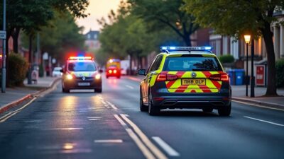 Scène de rue tranquille après un accident avec des services d'urgence en action.