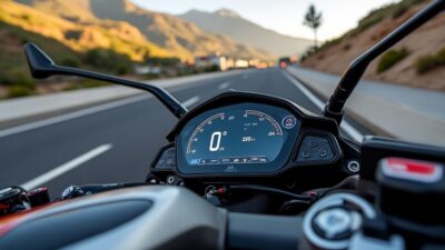 Tableau de bord affichant la vitesse de l'Aprilia SXR avec une ville en arrière-plan