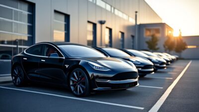 Image de véhicules Tesla stationnés devant l'usine de Berlin, représentant le progrès industriel en Europe.
