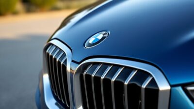 Illustration rapprochée du logo BMW iX sur le devant du véhicule soulignant son design moderne et sa technologie innovante.