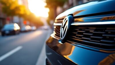 "Gros plan de la grille avant du Volkswagen ID. Tiguan avec reflets ensoleillés en milieu urbain."