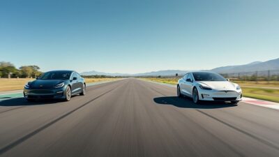 Panorama aérien de la piste de test des véhicules électriques présentant les deux modèles en mouvement par beau temps.