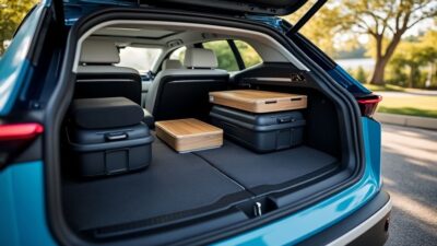 Vue lifestyle de l'intérieur du Volkswagen ID. Cross, mettant en valeur les options de stockage ingénieuses.