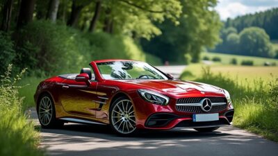 Voiture de sport Mercedes SL sur route verdoyante allemande