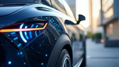 Gros plan sur un SUV électrique montrant des capteurs avancés et de la technologie de conduite autonome.