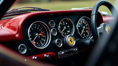Capture détaillée du tableau de bord rétro et élégant d'une Ferrari GTO