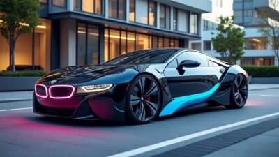 BMW iX garé dans une ville moderne montrant son design futuriste et ses couleurs vives.