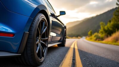Image de la roue du Mustang MachE sur une route avec paysage naturel, révélant son caractère dynamique.