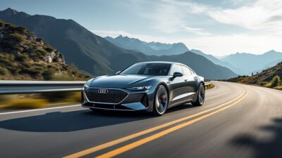 Voiture Audi Aetron performant avec aisance sur un chemin pittoresque.