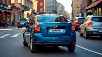Image de la Dacia Logan vue de dos dans une ville animée