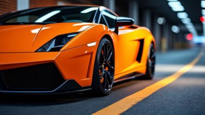 Illustration détaillée d'une Lamborghini Gallardo avec ses formes audacieuses et son ton éclatant sous un éclairage intense