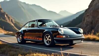 Voiture Porsche classique stationnée sur une route panoramique avec montagnes en fond et éclat de soleil