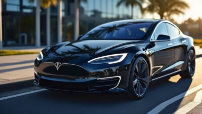 Vue rapprochée de la batterie Tesla Model avec ses détails technologiques sophistiqués.