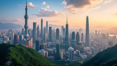 Vue panoramique de la skyline d’une ville chinoise avec modernité et énergies traditionnelles