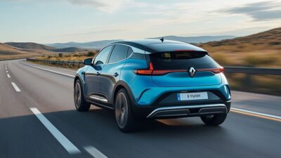 Image de la Renault ETech T en mouvement sur une autoroute, mettant en valeur ses capacités de longue distance.
