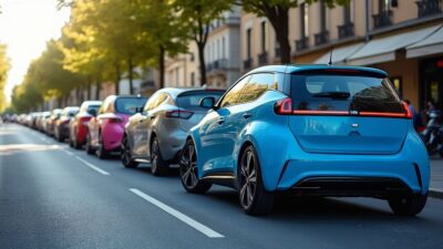 Voitures électriques compactes arrangées sur une rue européenne, soulignant le style et l'innovation.