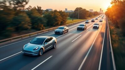 Vol des voitures électriques sur l'autoroute symbolisant la transition énergétique