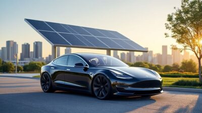Véhicule Tesla moderne à côté d'une installation solaire dans une ville animée