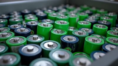 Vue rapprochée des batteries lithium-ion prêtes pour le recyclage, illustrant une technologie avancée.