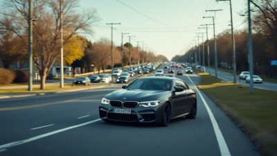 Vue latérale d'une automobile mal stationnée sur route animée