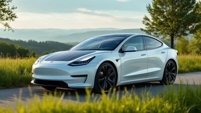 Vue latérale d'une voiture Tesla démontrant la technologie solaire dans un environnement écologique.
