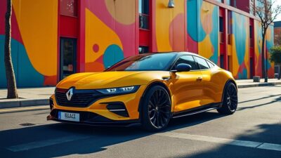 Vue artistique de la silhouette iconique de la Renault RTurbo dans un cadre urbain coloré.