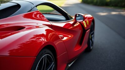 Image d'une Ferrari Modena rouge, soulignant ses courbes distinctives et sa finition élégante.