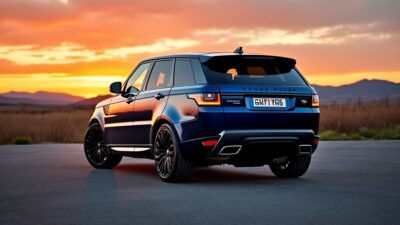 Un Range Rover Sport électrique exhibant son design moderne et son élégance face à un magnifique coucher de soleil.