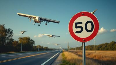 Panneau routier indiquant des limites de vitesse avec des satellites surveillant au-dessus.