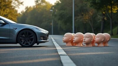 Une voiture Tesla freine face à des têtes de poupées dispersées sur la chaussée.