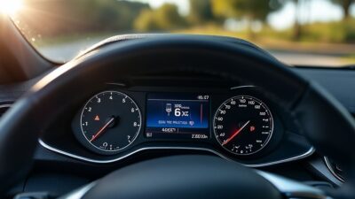 Vue du tableau de bord indiquant la bonne pression des pneus pour une Peugeot par temps ensoleillé.