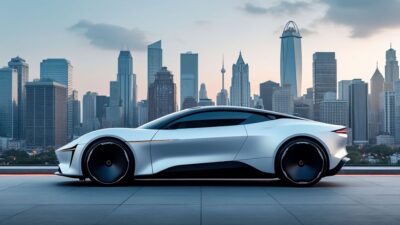 Voiture électrique stylée face à un skyline urbain saisissant, symbolisant design contemporain et écologie.
