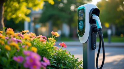 Image détaillée montrant une station de recharge pour voiture électrique, située au milieu d'une végétation abondante et de fleurs en pleine floraison.