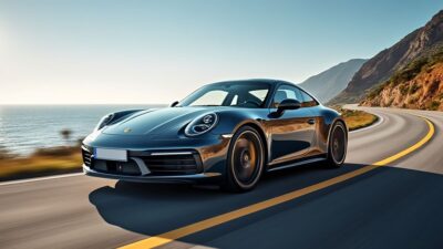 Image d'une Porsche rapide sur une route côtière, illustrant la fluidité et la sophistication en déplacement.