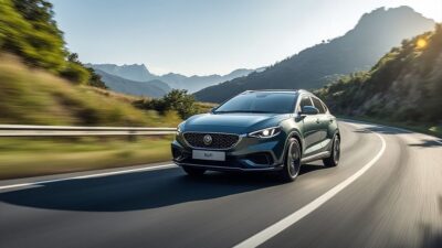 Photo de la MG IMin en pleine vitesse sur une route panoramique, illustrant l'excellence des véhicules électriques.