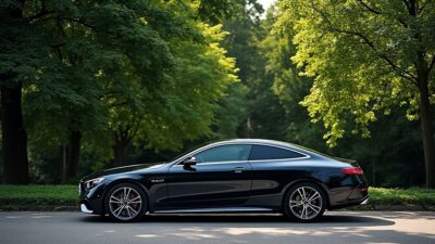 Vue latérale de la Mercedes avec une silhouette raffinée parmi des arbres verts.