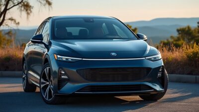 Voiture citadine électrique devant un paysage, mettant en avant les phares et la grille
