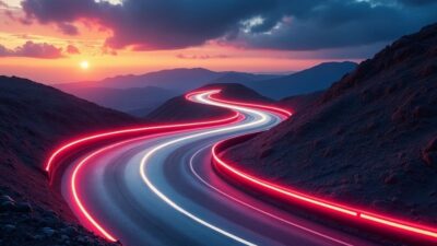 Image artistique d'une route sinueuse menant vers le futur avec logo Nissan discret